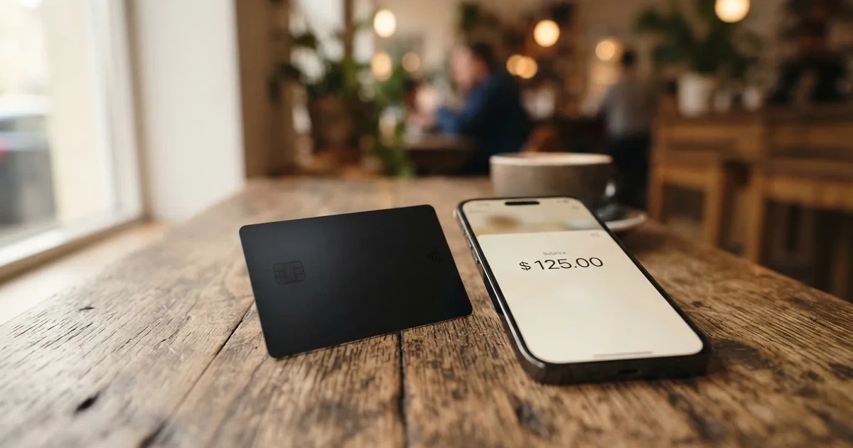 A payment card next to a phone with a crypto wallet app open
