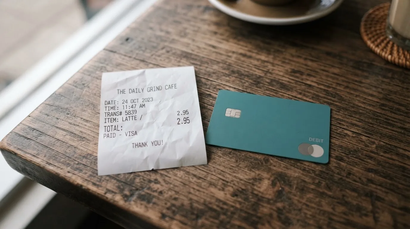A receipt and a card on a café table