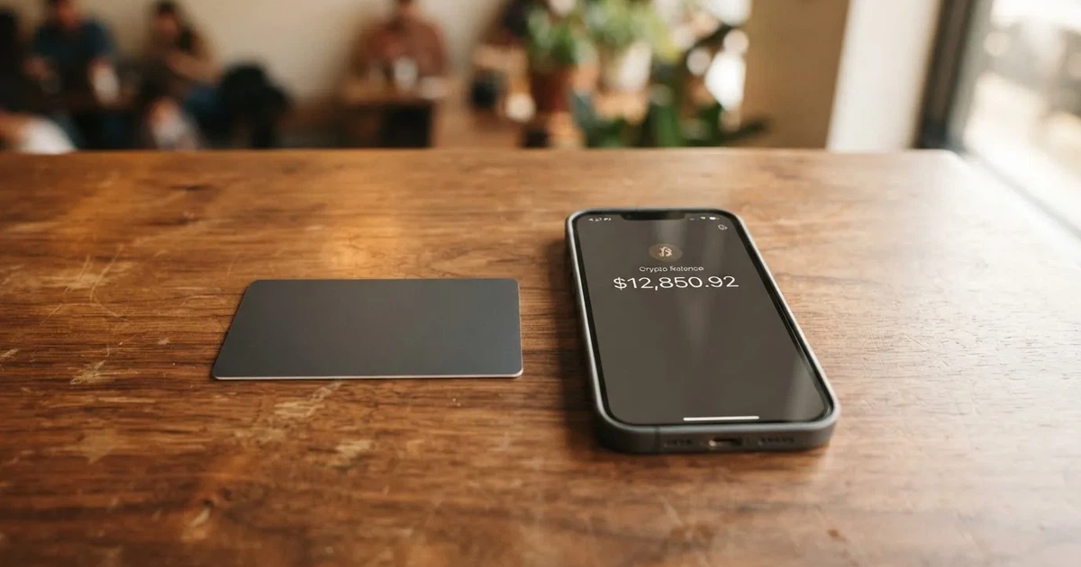 A payment card next to a phone with a crypto wallet app open