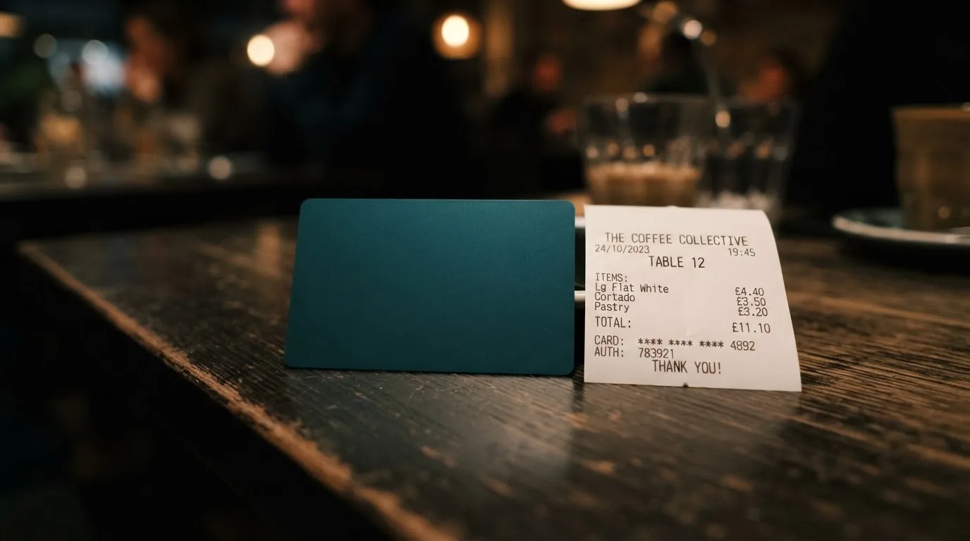 A receipt and a card on a café table