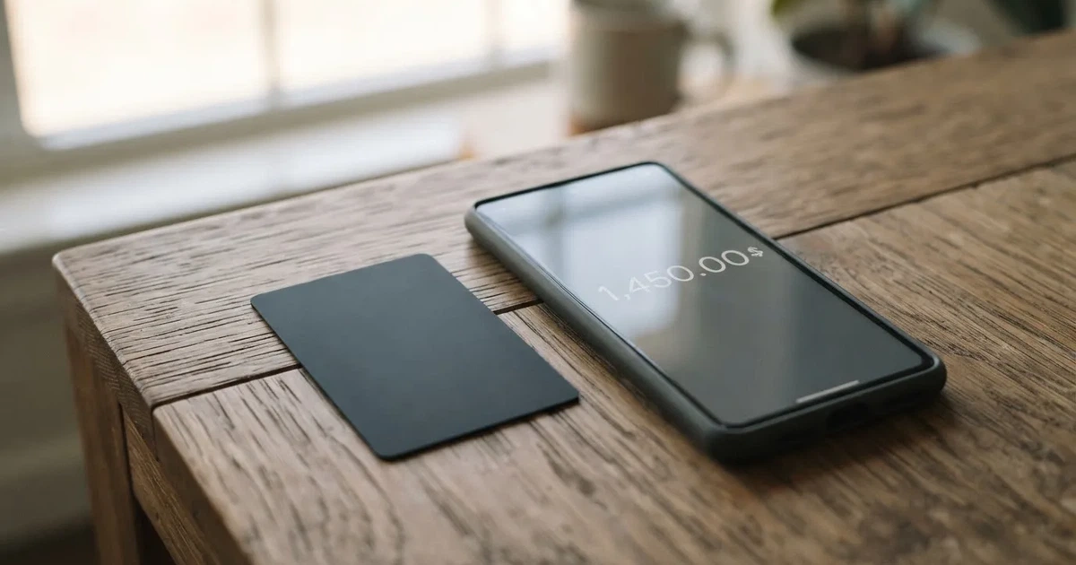 A payment card next to a phone with a crypto wallet app open