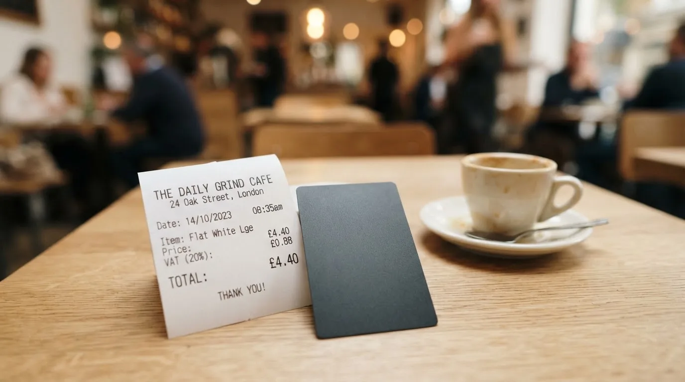 A receipt and a card on a café table