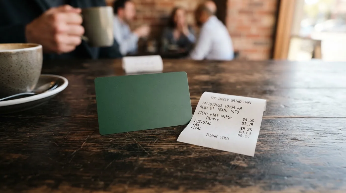 A receipt and a card on a café table