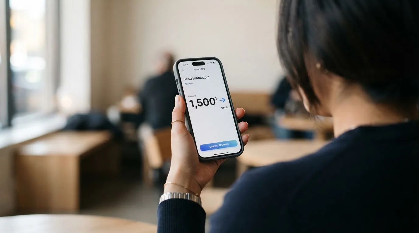 A phone showing a stablecoin transfer screen