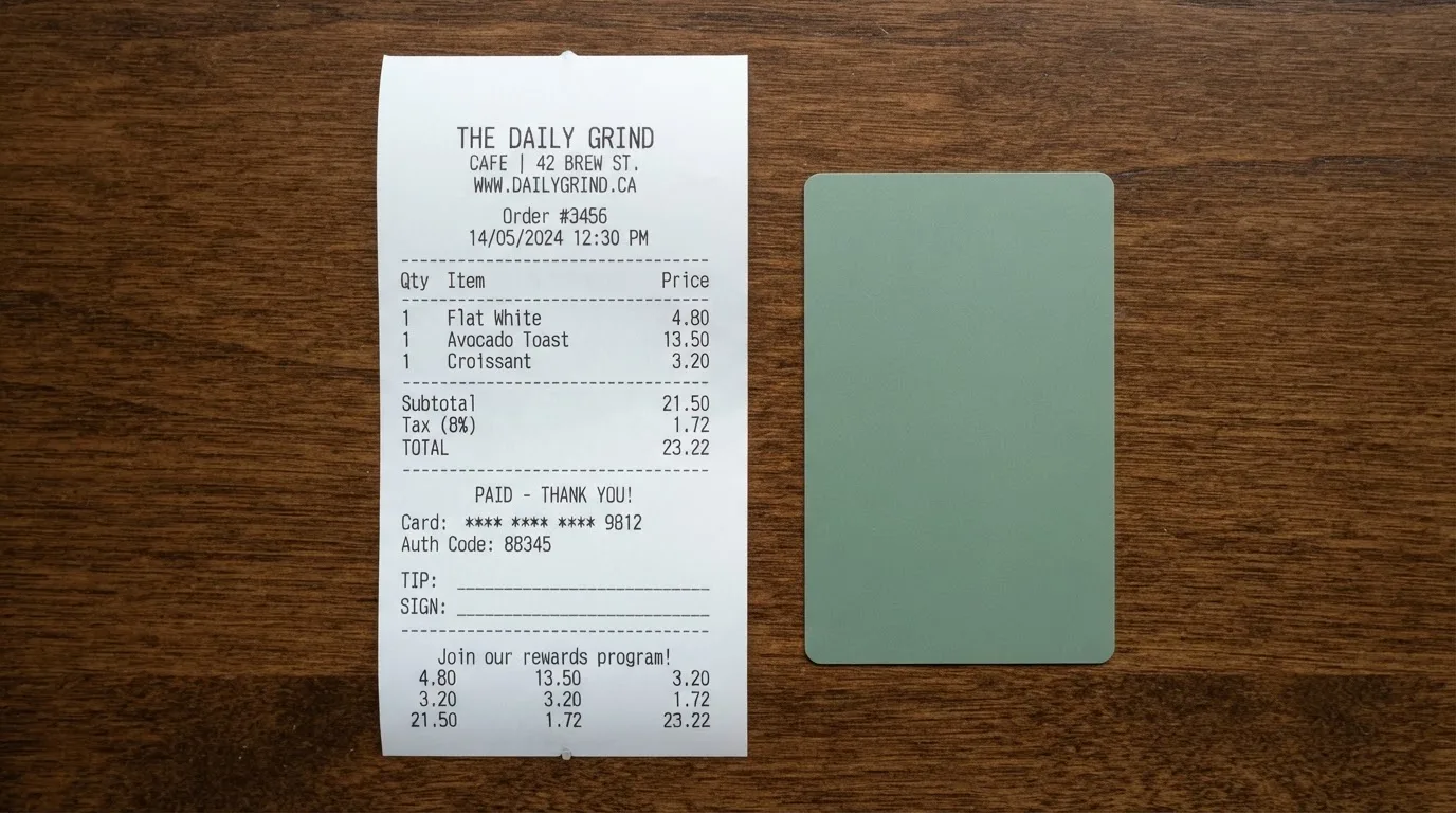 A receipt and a card on a café table