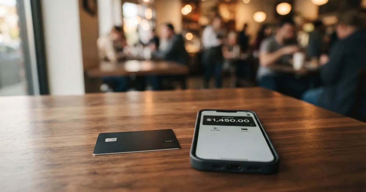 A payment card next to a phone with a crypto wallet app open