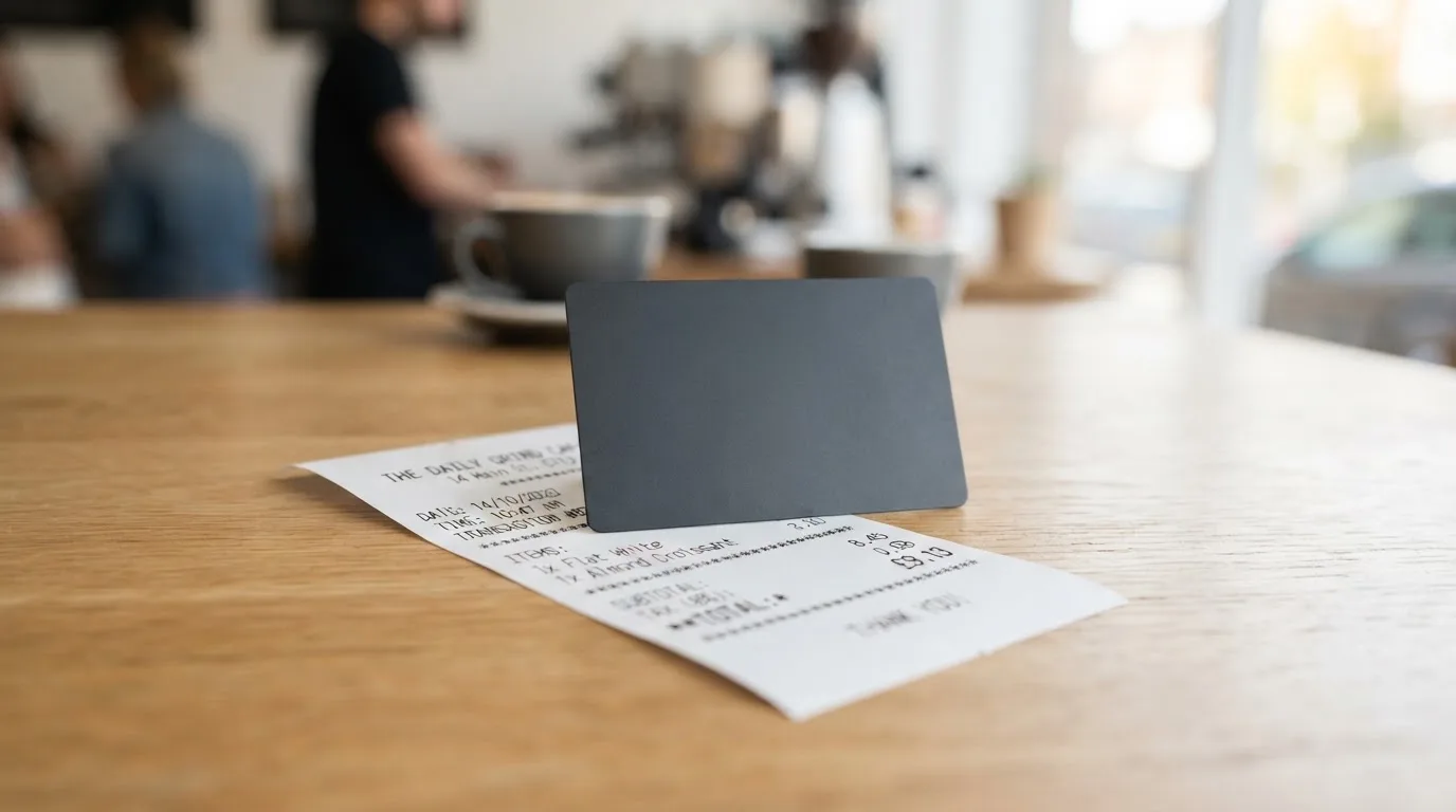 A receipt and a card on a café table