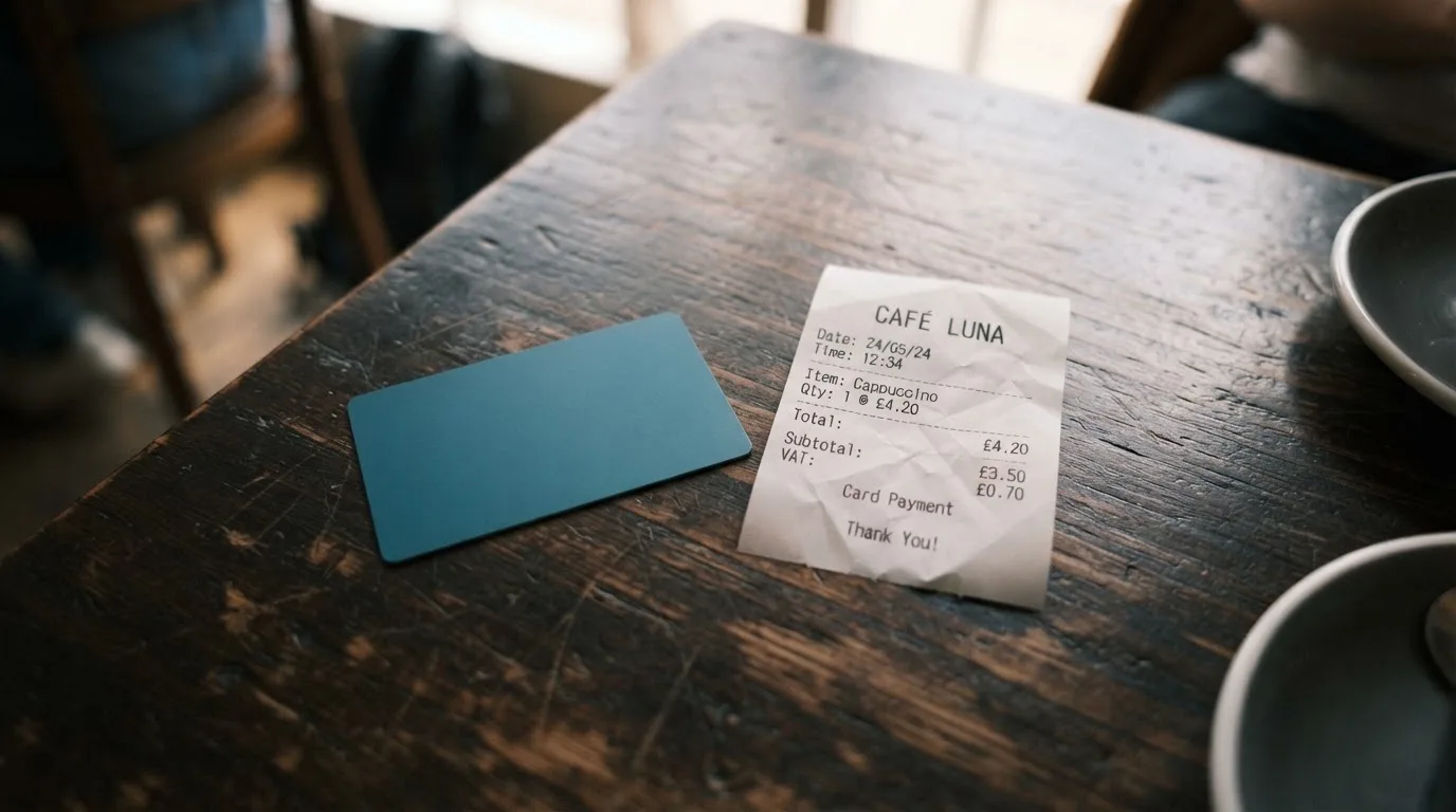 A receipt and a card on a café table