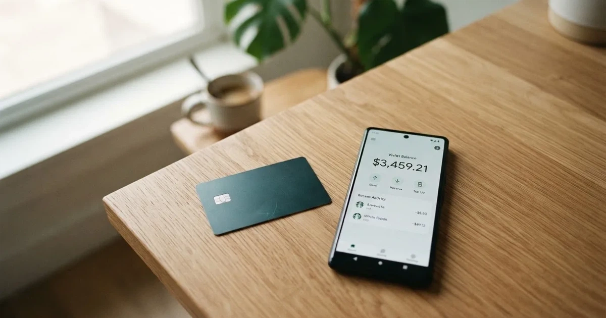 A payment card next to a phone with a crypto wallet app open