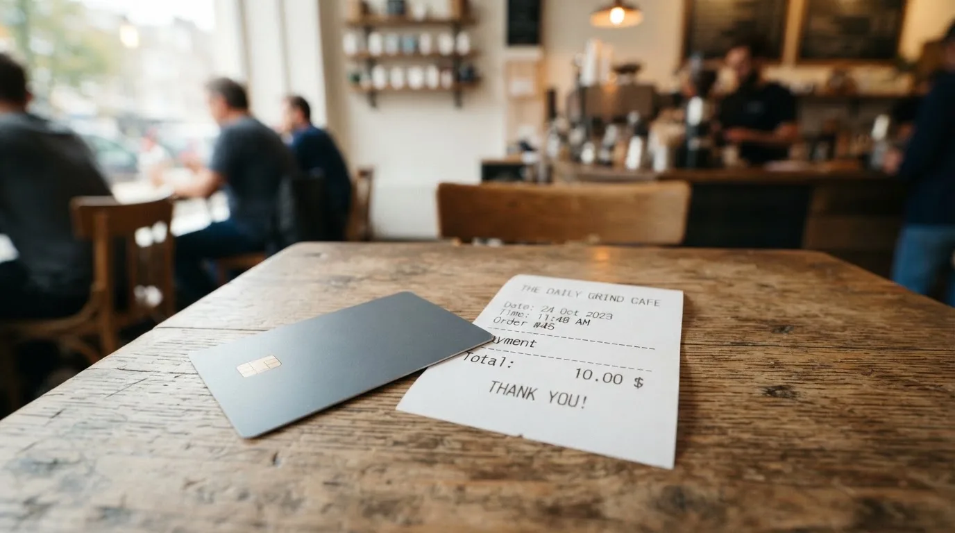 A receipt and a card on a café table