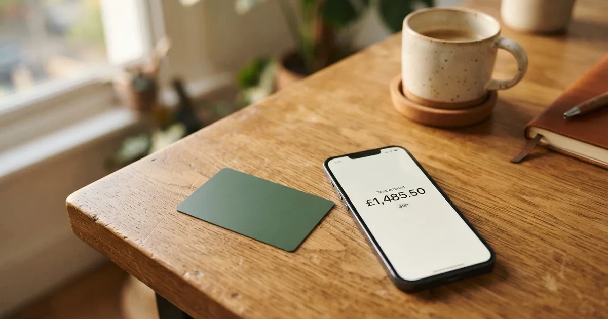 A payment card next to a phone with a crypto wallet app open