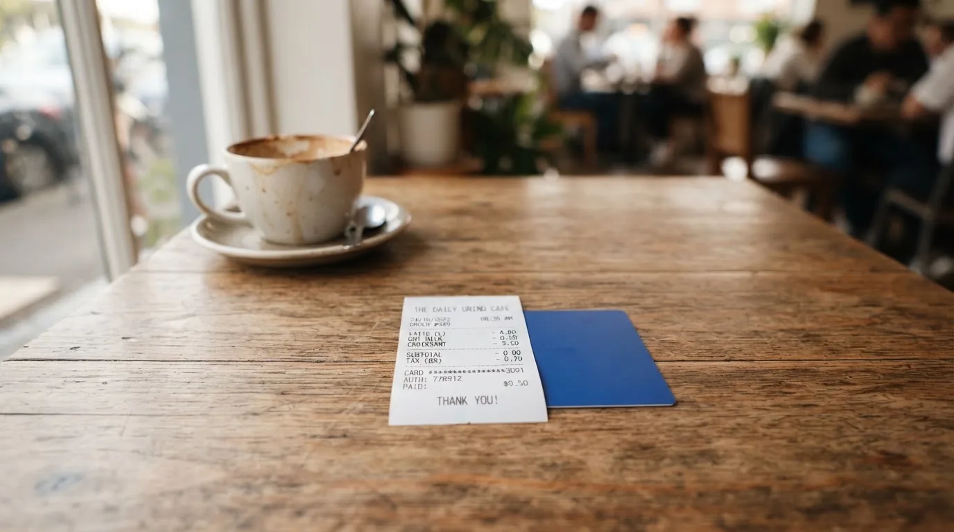 A receipt and a card on a café table