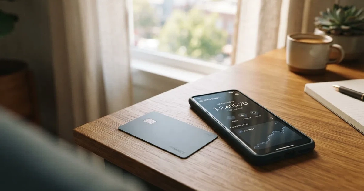 A payment card next to a phone with a crypto wallet app open