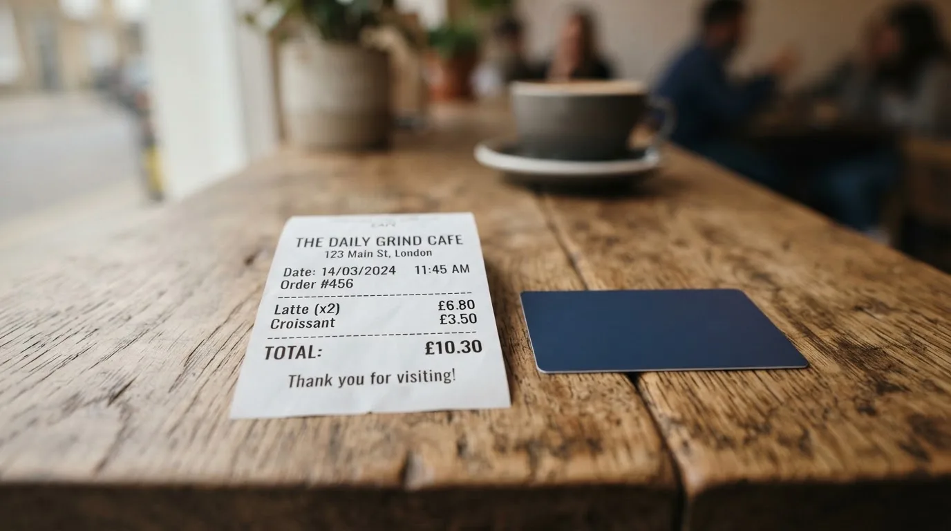 A receipt and a card on a café table