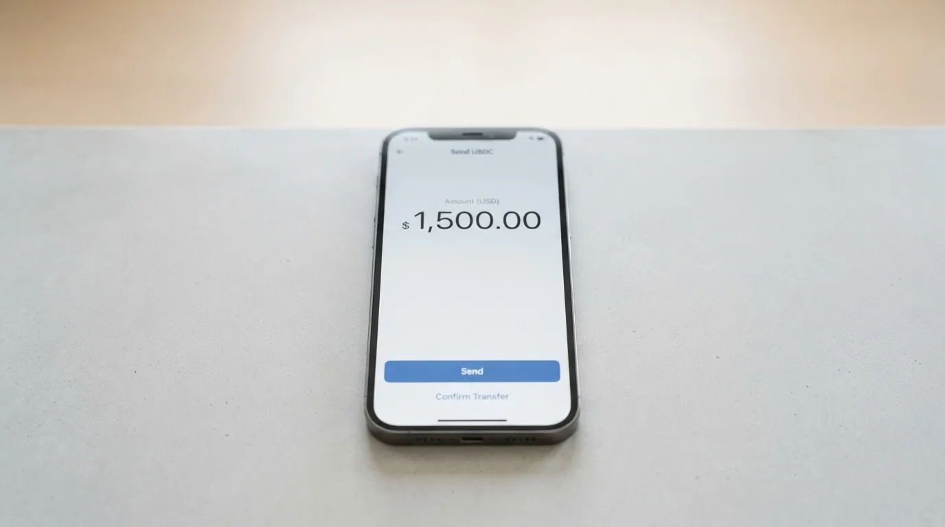 A phone showing a stablecoin transfer screen