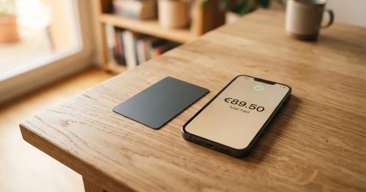 A payment card next to a phone with a crypto wallet app open