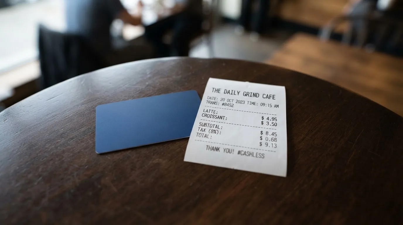A receipt and a card on a café table