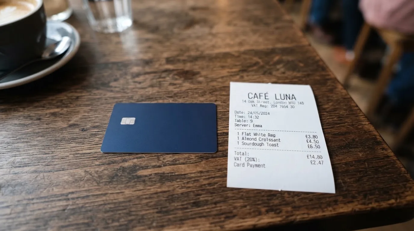 A receipt and a card on a café table