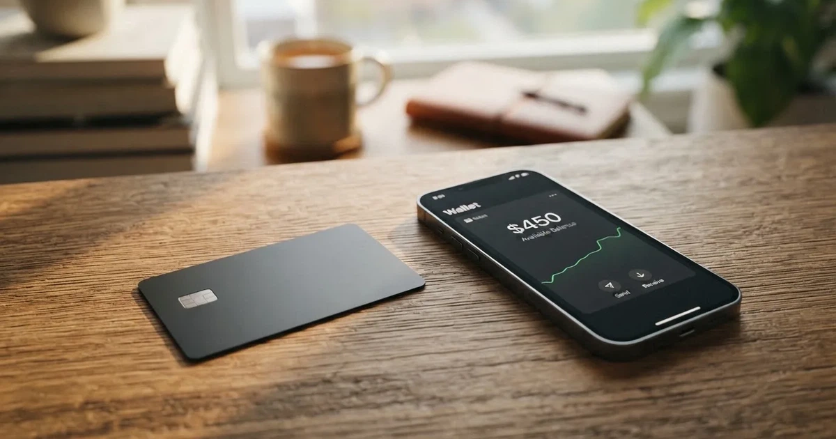A payment card next to a phone with a crypto wallet app open