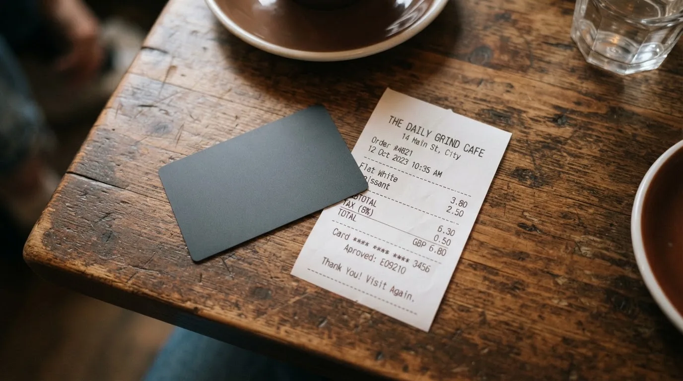 A receipt and a card on a café table