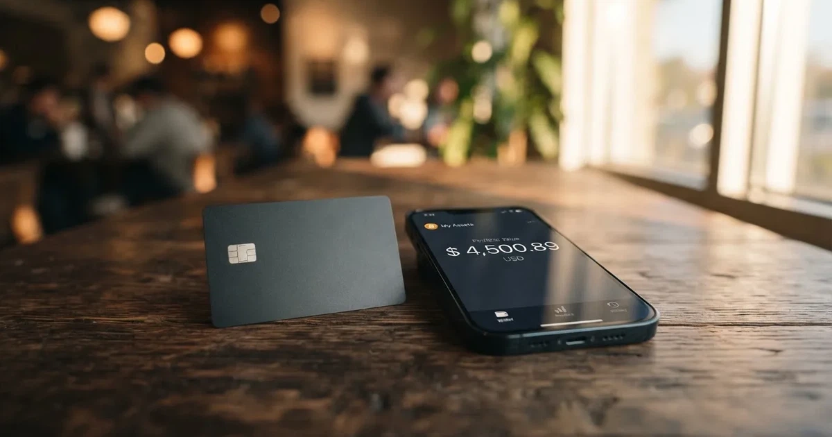 A payment card next to a phone with a crypto wallet app open
