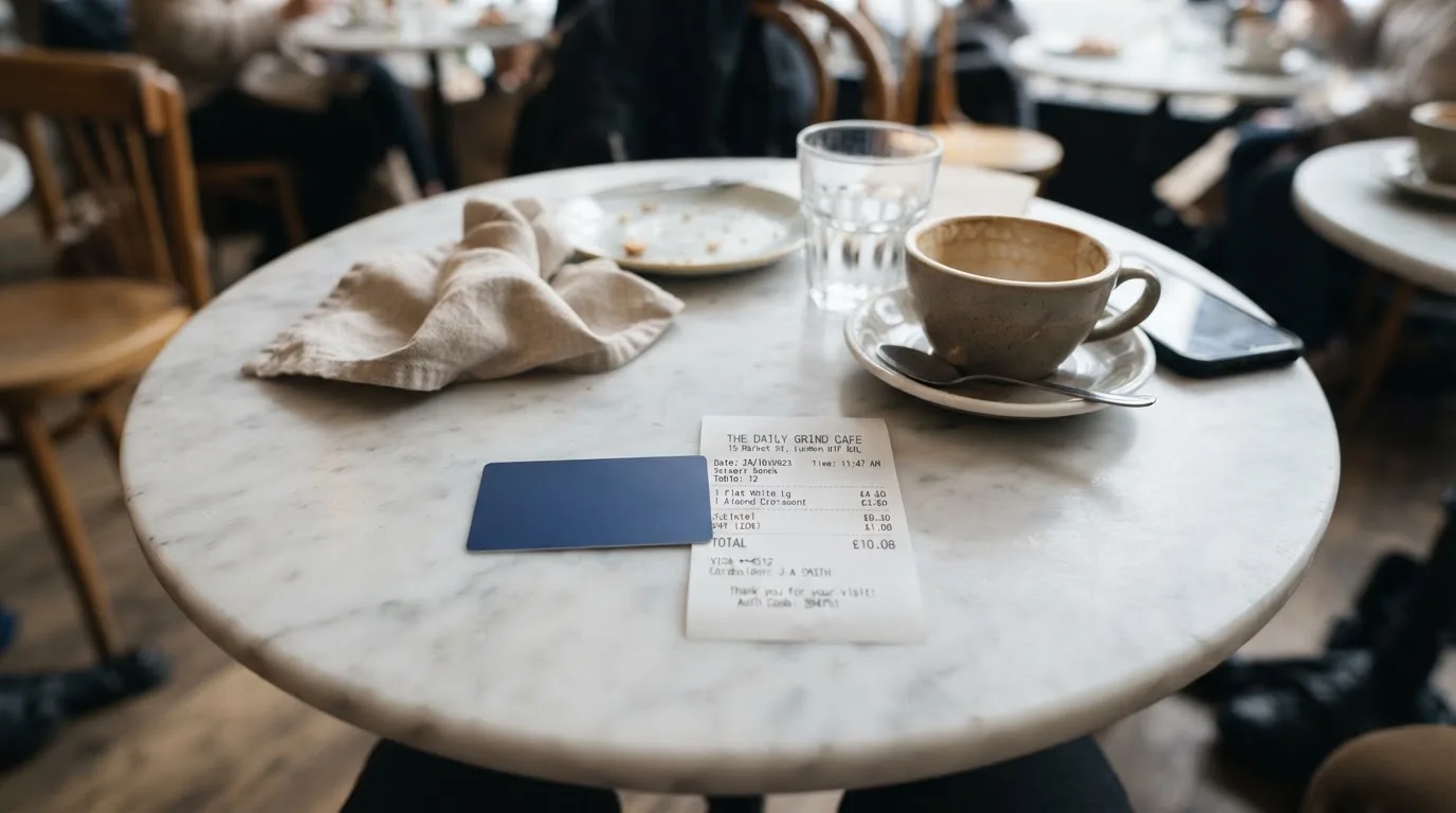 A receipt and a card on a café table