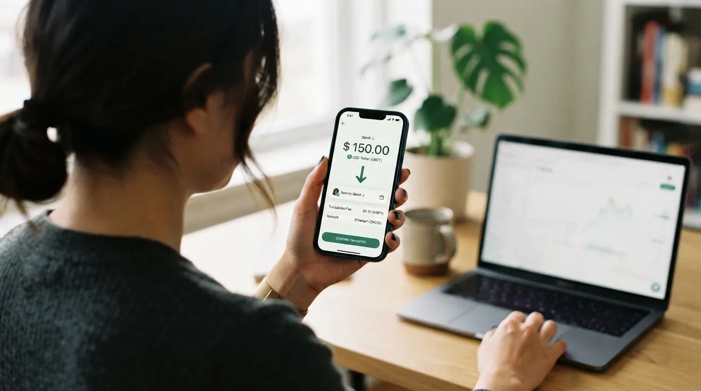A phone showing a stablecoin transfer screen