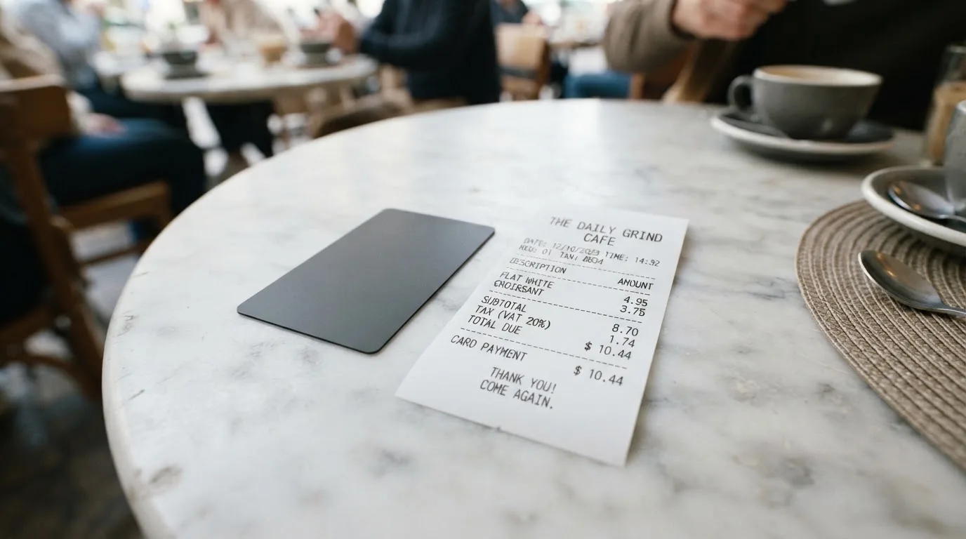 A receipt and a card on a café table