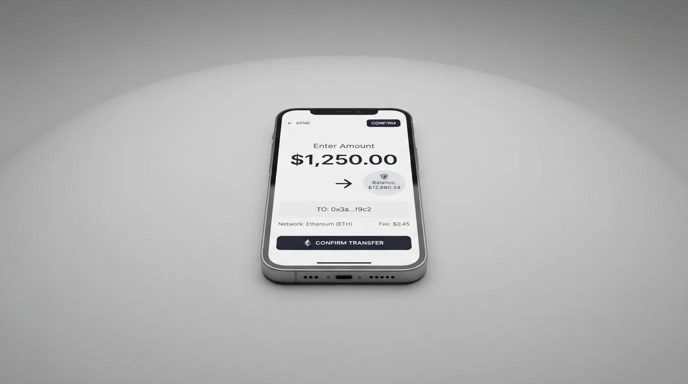 A phone showing a stablecoin transfer screen